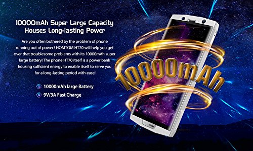 HOMTOM HT70 - Smartphone Android 7.0 4G da 6.0 pollici (rapporto 18: 9), batteria da 10000 mAh Â  ricarica rapida, Octa Core da 1,5 GHz 4 GB + 64 GB, fotocamera tripla, OTG tipo-C - Argento