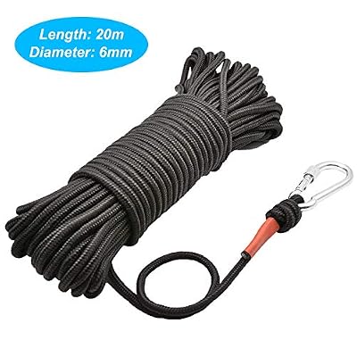 HHOOMY Corde D'aimant de Pêche avec Mousqueton, 65 Pieds (20 Mètres) Cordon Tout Usage en Nylon Haute Résistance et Corde Durable, Corde Lourde avec Verrou de Sécurité, Diamètre 6mm(0.23"), Noir