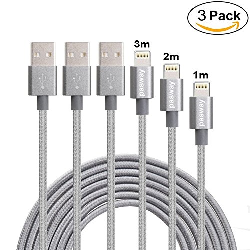 Lightning Kabel Pasway iPhone Ladekabel 3 Pack (1M, 2M, 3M) Nylon Geflochtenes USB Kabel mit Lightning Connector für iPhone 6/6 Plus/6S, iPad Air 2, iPad Pro und mehr Grau