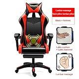 WRJY Ordinateur Courses Chaise Gaming Chaise avec Massage Lombaire Soutien, Confortable Ergonomique Fauteuil De Retour Joueur Chaises E-Sport PU Cuir Balancement Bureau Chaise avec Repose Pieds,Rouge