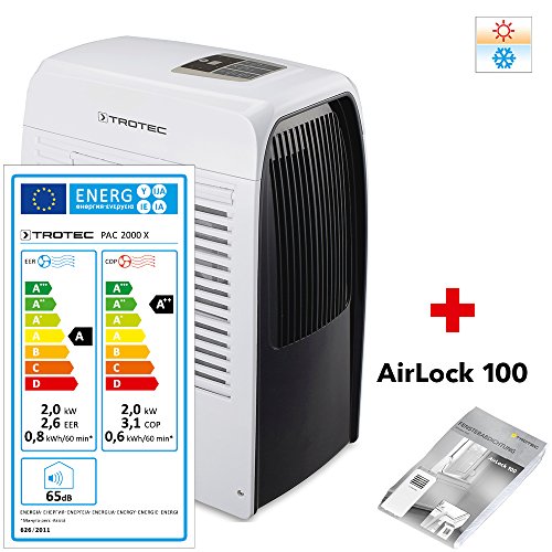 TROTEC Lokales mobiles Klimagerät Klimaanlage PAC 2000 X mit 2,0 kW / 7000 Btu (EEK A) das 3-in-1-Multitalent für Kühl-, Heiz- oder Entfeuchtungsbetrieb inklusive Fensterabdichtung AirLock 100