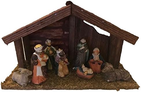 Christmas Wooden Nativity Scene with Eight Porcelain Figurines – Lightweight, Decoration Accessory for Indoors, Outdoors. Christmas Gift