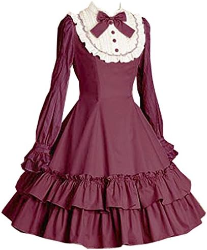 Partiss Women Elegant Long Sleeves Double Layers Classic Lolita Dress, XL, Burgundy And White