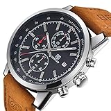 ⌚ ELEGANTES DESIGN: BY BENYAR bietet eine Reihe von Military Sport Quartz Chronograph-Armbanduhren an, die speziell für Männer gefertigt wurden. Die Uhr kommt mit 100% starkem Glas mit silberner Lünette. Das Echtlederarmband mit einer Breite von 2,2 cm und einer Länge von 22 cm verleihen der Uhr einen stilvollen Look.