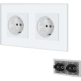 BSEED Wall Plug with Glass Panel, White Double Schuko Plug with Clips, 16A 250V Recessed Power Outlets, Wall Plug Apply for K