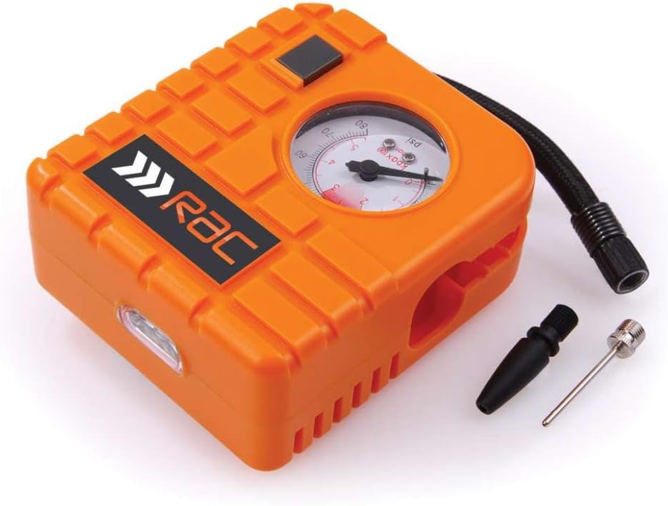 RAC HP223 12V Compact Inflator - Built-In Light - For Cars, Motorcycles, Inflatables , Orange
