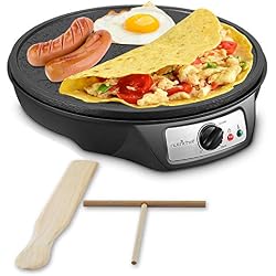 NutriChef Crêpière et Grille Electrique de 1200 Watts | Plaque de Cuisson Chauffante Antiadhésive 30 cm | Contrôle de température Réglable | Épandeur de Pâte et Spatule en Bois Inclus (PCRM12EU)