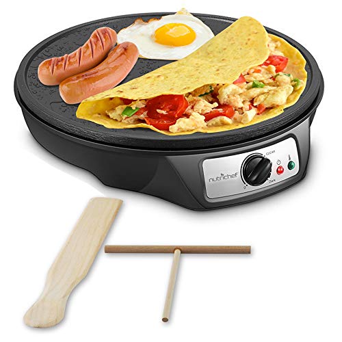 NutriChef Crêpière et Grille Electrique de 1200 Watts | Plaque de Cuisson Chauffante Antiadhésive 30 cm | Contrôle de température Réglable | Épandeur de Pâte et Spatule en Bois Inclus (PCRM12EU)