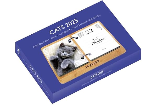 DRAEGER PARIS - Coffret éphéméride Agenda Yvon 2025-7 langues - 365 feuillets et socle en bambou réutilisable - 1 photo pour chaque jour de l'année - Chats - Support prise de rendez-vous