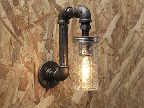 Black industrial iron pipe wall light with Spotty jam jar - Free UK postage