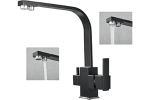 KEOKBON 3 Way Kitchen Mixer Tap with Drinking Filtered Water Outlet, 3 in 1 Drinking Water Tap for Kitchen Sink,Square Design Triflow Kitchen Tap Solid Brass, 360° Swivel Spout, Black