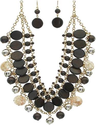 Gemstone Ant Symphony Luxury Wood Calligraphy Words Beads Ethnic Hippie Necklace and Earrings Jewellery Set Gold Mother of Pearl Chips
