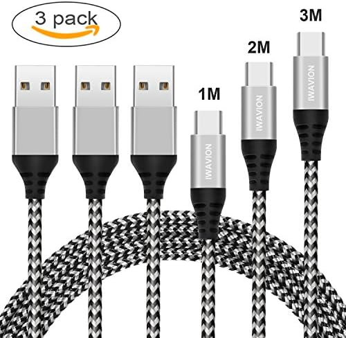 USB Type C Cable,IWAVION 3 Pack (1M 2M 3M) USB C to USB A Nylon Braided Fast Charging Cable and Data Sync for Samsung Galaxy S8/S9 S8+ Note8,LG G6 G5 V30,Nexus 5X/6P,HTC 10/U11(Black&Silver)