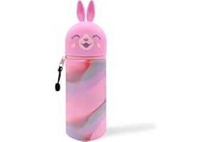 DGTSYAL 2 in 1 Weiche Silikontasche Kawaii Federmäppchen, Tischstifthalter, Reißverschluss, Silikon, Stiftetasche Buntstifte Marker, Büro, Uni, niedlicher Schulbedarf, Tier-Stifthalter, Mädchen Hase