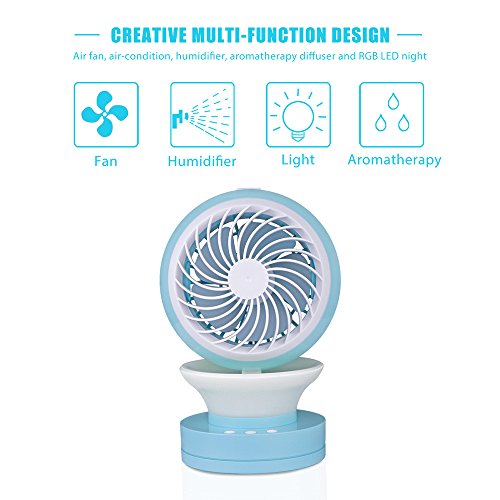 AOZBZ 3 in 1 USB-Klimaanlage Mini Ventilator mit Wasser Sprühbefeuchter und Nacht Licht, Niedlich Tragbare Beschlagen Lüfter, Nebel Diffusor mit RGB und Kühle Weiße LED Neben Lampe für Schreibtisch, Tisch, Sommer, Schönheit, Haus, Büro, Outdoor, Reisen, Schlafen ( Unaufladbar )
