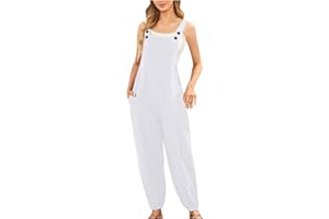 shownicer Damen Latzhose Elegant Jumpsuit mit Träger Retro Einfarbig Overalls Playsuit Leinen Casual Loose Sommerhose Lange Breites Bein mit Tasche