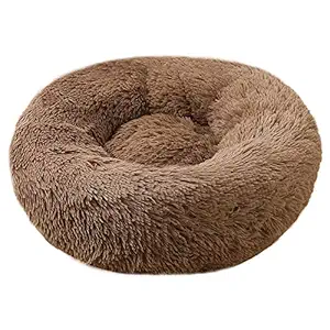 BODISEINT Faux Fur Dog Bed Cat Bed,Shag Round Anti-Anxiety Pet Calming Bed Doughnut Cuddler for Medium Large Puppy Dog Cat Kennel Cushion Self Warming Bed (28' D x 8' H, Coffee)