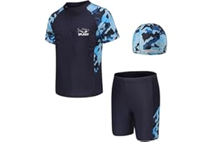 NIUAOAO Boys Swimsuits Kids 3PCS Rash Guard Sets with Hat UPF50+ Short Sleeve Swimwear Sets 5-14 Years for Boys