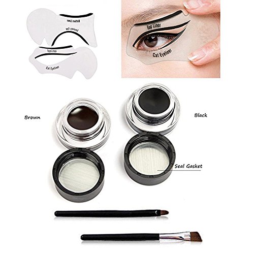 VONISA Waterproof 2 in 1 Gel Eyeliner Set-Beauty Cosmetics Make Up Long-lasting Shadow Wear Gel Cream Eye Liners Brown and Black with Makeup Eyebrow Brush Kit + Cat Shaping Eye Liner Stencils