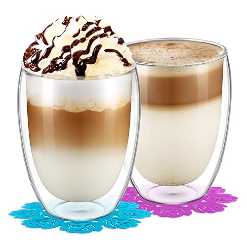 Taza de cristal, juego de gafas BOQO, taza alta de borosilicato 350ml, juego de 2 vasos de agua, pared doble, resistente al calor, vasos, juegos de vasos y posavasos