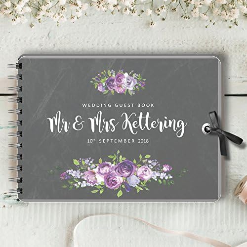 Personalised Wedding Guest Book Chalkboard Lilac Purple Roses Blank Message Book, Christening, Wedding, Birthday, Any Occasion, Any wording Custom Made to Order.