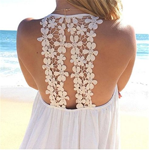 Damen Strandkleid Minikleid Oberteile ärmellos rückenfrei Sling Blumen bedruckt Neckholder Cover Up Frauen Sommerkleid Partykleid Freizeitkleid Trägerkleid Weiß - 3