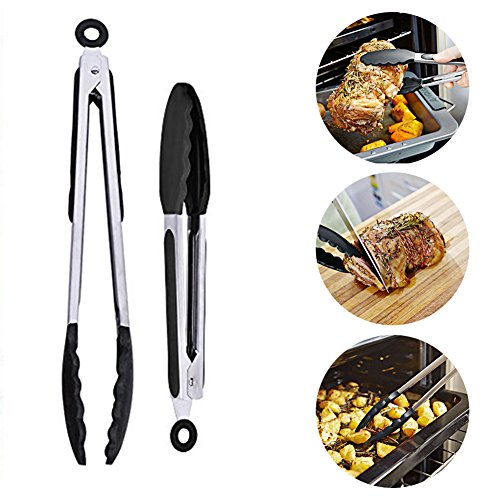 Ploopy Silikon Küchenzange, Edelstahl Silikon Zange, 2er Set Küchenzange, Perfekter küchenhelfer zum kochen, Grill, Aufback-Brötchen und vieles mehr ( 9’’+12’’ Schwarz )