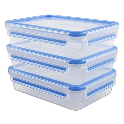 Emsa 515645 Lot de 3 boîtes alimentaires, 1.2 Litres, Transparent/bleu, Clip & Close