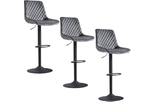JaHECOME Velvet Grey Bar Stools Set of 3- Modern Swivel Height Adjustable Barstools with Black Metal, Armless Large Padded Cushion Breakfast Counter Chairs for Kitchen Island, Pub, Restaurant, Café