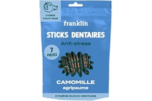 FRANKLIN – Stick Anti-Stress pour Chien – Friandises dentaires – Apaisant Chien – Diminution Anxiété – Anti-Tartre – Mastication Longue – Saveur Camomille et Agripaume – Tout Âge – 250g