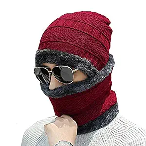 Adroitz Cap and Scarf,Soft Warm Snow/Air Proof Fleece Knitted Cap (Inside Fur) Woolen Beanie Winter Cap with Scarf for Women/Girl/Ladies/Men, red (CAP_WITH_SCARF_RED_03)
