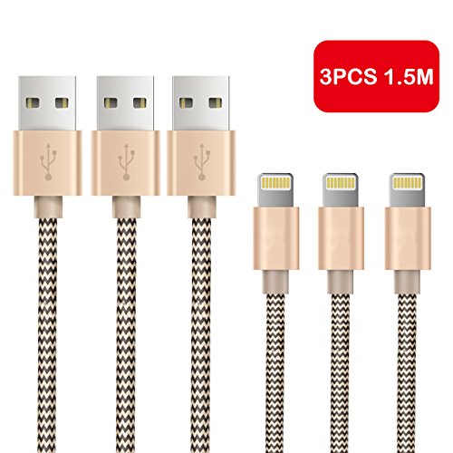 OTISA 3Pack 1.5m Nylon iPhone Datenkabel Verbindungskabel USB Kabel mit Lightning Stecker Ladekabel für Apple iPhone 6 Plus/6 /5/5S/6s iPad 4 iPad Mini/Air iPod 5 und iPod7 Arbeitet mit neuesten iOS-Update (GOLD)