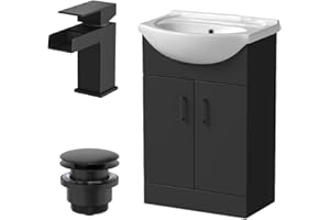 Affine® 560mm Bathroom Vanity Unit Ceramic Sink Floorstanding Storage Cabinet Cupboard & Black Waterfall Basin Tap & Waste Set, Matt Black