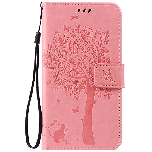 Huawei Mate S Hülle Rosa im Retro Wallet Design,Cozy Hut Huawei Mate S Hülle Leadertasche Premium Lederhülle Flip Case im Bookstyle Folio Cover Kartenfächer Magnetverschluss und Standfunktion Leder Schale Etui für Huawei Mate S (5,5 Zoll) Handytasche Schutzhülle Katzen und Bäume Muster - rosa