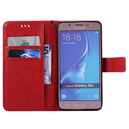 Samsung Galaxy J5 2016 Hülle Rote im Retro Wallet Design,Cozy Hut Samsung Galaxy J5 2016 Hülle Leadertasche Premium Lederhülle Flip Case im Bookstyle Folio Cover Kartenfächer Magnetverschluss und Standfunktion Leder Schale Etui für Samsung Galaxy J5 2016 / SM-J510 5,2 Zoll Handytasche Schutzhülle Katzen und Bäume Muster – Rote - 2