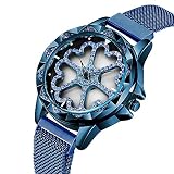 MENGZHEN 1PC Elegante Luxus-Damenuhr Einzigartige rotierende Blume Liebe Armbanduhr mit kreativem Magnet-Design Armband