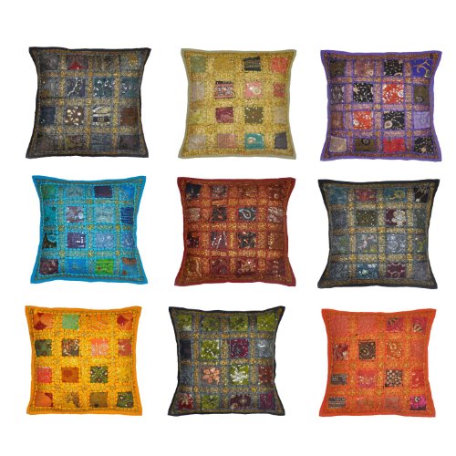 Indian Handmade Cotton Home Furnishing Kissenbezug mit Pailletten & Patchwork, 41 x 41 cm, 10 Stück Lot