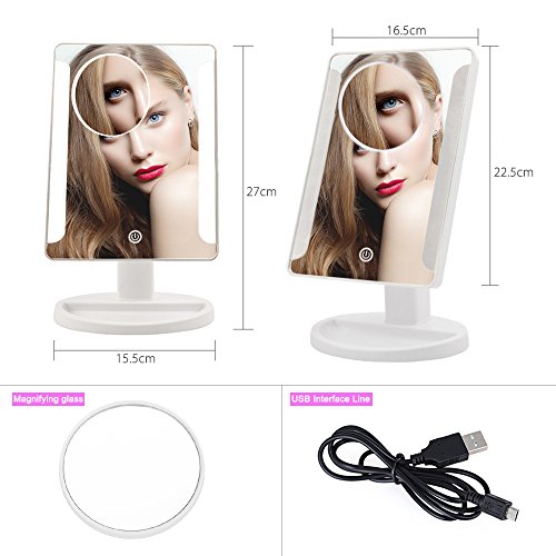 36 Dimmbare LED Makeup Spiegel, Touch Screen Kosmetikspiegel mit Abnehmbarem 10X Vergrößerungsfleck, Tragbarer Beleuchteter Eitelkeitsspiegel, USB und Batterien Geeignet Oben-Unten Schwenken Rasierspiegel für Reisen, Dressing, Rasieren (Weiß) - 4