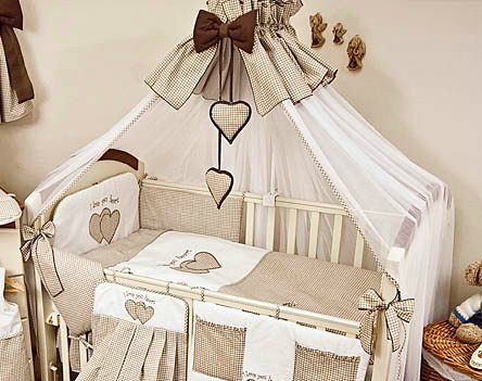 8 Piece Baby Bedding Set with Cot Bumper, Canopy & Holder (To fit Cot 120x60cm, "Love you Heart" - Brown Check)
