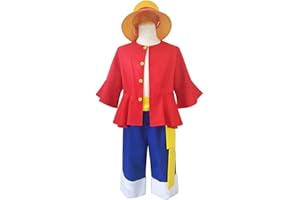 Xinchangda Monkey D. Luffy Cosplay Costume Anime Uniform Halloween Carnival Cosplay Monkey D. Luffy Shirt and Pants with Straw Hat Full Set for Adult Kids