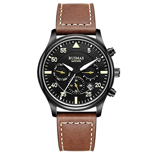RUIMAS Hommes Chronographe Montre Mécanique Automatique Avec Cristal De Verre Saphir Lumineux Bracelet En Cuir Véritable 30M Étanche Multifonction Montres