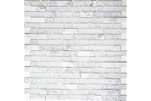 MOSANI Glasmosaik Naturstein Stäbchen Mosaikfliesen weiß klar carrara Bruchglas Wandfliese Küchenfliese Badfliese WC - MOS87-V1311