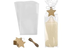 KQOZG Set di 50 sacchetti in cellophane 12,5x27,5 cm OPP con 50 etichette regalo kraft e spago per confezionare candele, dolci e biscotti per matrimoni e feste di San Valentino