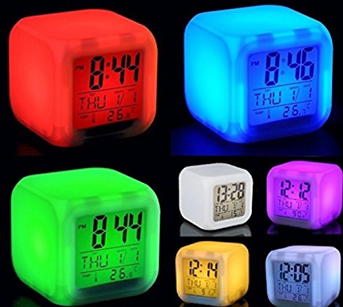 Glitter Collection Cube Alarm Clock, 7 Colour Changing Alarm Clock with Temperature + Day + Month + Date + Time + Alarm