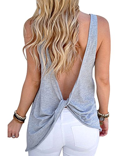 Imixcity Mujeres Backless Sleeveless Tank Top con Espalda Abierta Nudo Casual Shirt tee (Gris Claro, M :38/40)