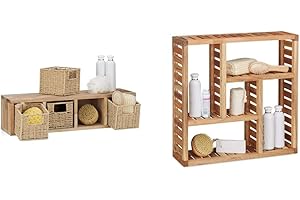 Relaxdays Etagere 4 cubes rangement panier amovible corbeille bois noyer couloir chambre cuisine montage mural, 18x61.5x16 cm & Etagère murale salle de bain bois de noyer bibliothèque, 50 x 50 x 15 cm