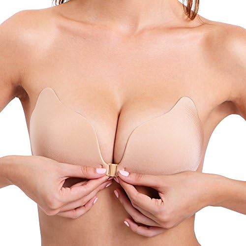 Woboren Womens Ladies Sexy Reusable Invisible Magic Strapless Self Adhesive Push-up Bra Stick On Gel Backless Silicone Bras (F, Nude Angel Wings)