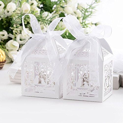 Abaobao®50pcs Laser Cut Wedding Sweets Love Bird Wedding Favor Candy Gifts Boxes Box Bomboniere with Ribbons Bridal Shower Wedding Party Favors Christmas Sweet Box (White Candy Sweet Boxes (brid))