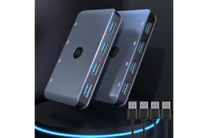 USB 3.0 Switch,Rocketek 4 Puertos Conmutador KVM Switch para 4 PCs 4 Entrada 4 Salida para Compartir Teclado, Ratón, Disco Duro, Impresoras, Escáneres, etc, Intercambio de un botón, 2 Cable USB