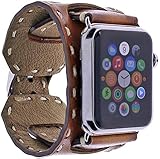 Burkley Lederarmband für Apple Watch 1/2 / 3/4 Uhrenarmband in breiter Ausführung mit Dornverschluss inkl. 42 mm Connector für die Apple Watch (Sattel Braun)